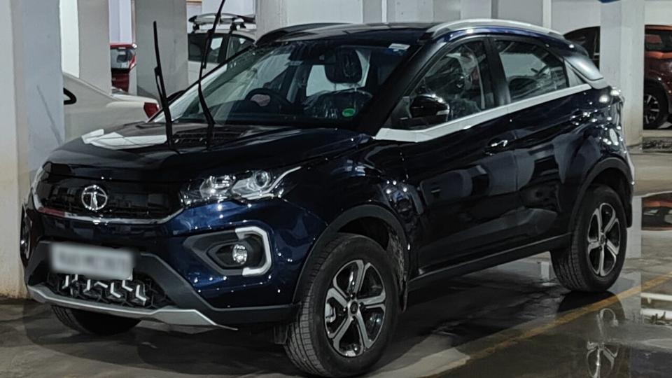 Tata Nexon front three-quarter view in dark blue (earlier design)